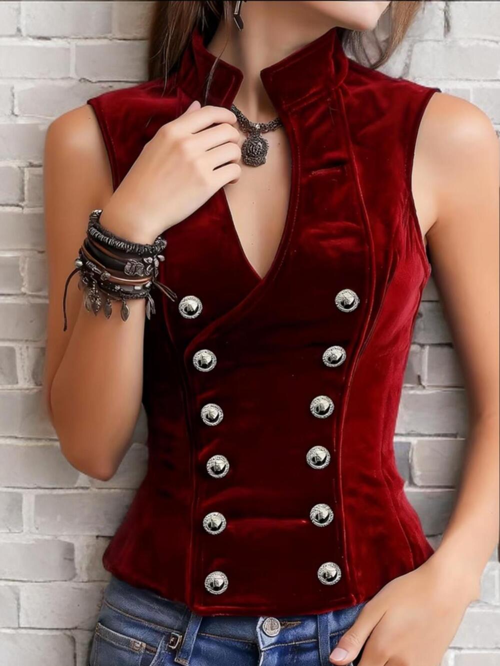 NEW Y2K Retro L Velvet Burgundy Boho Double Breast Button-Up Vintage Vest Top